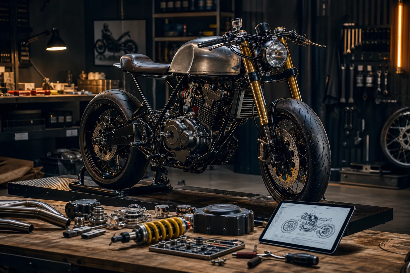 A café racer build in progress on a bench with parts laid out and the build plan on a tablet
