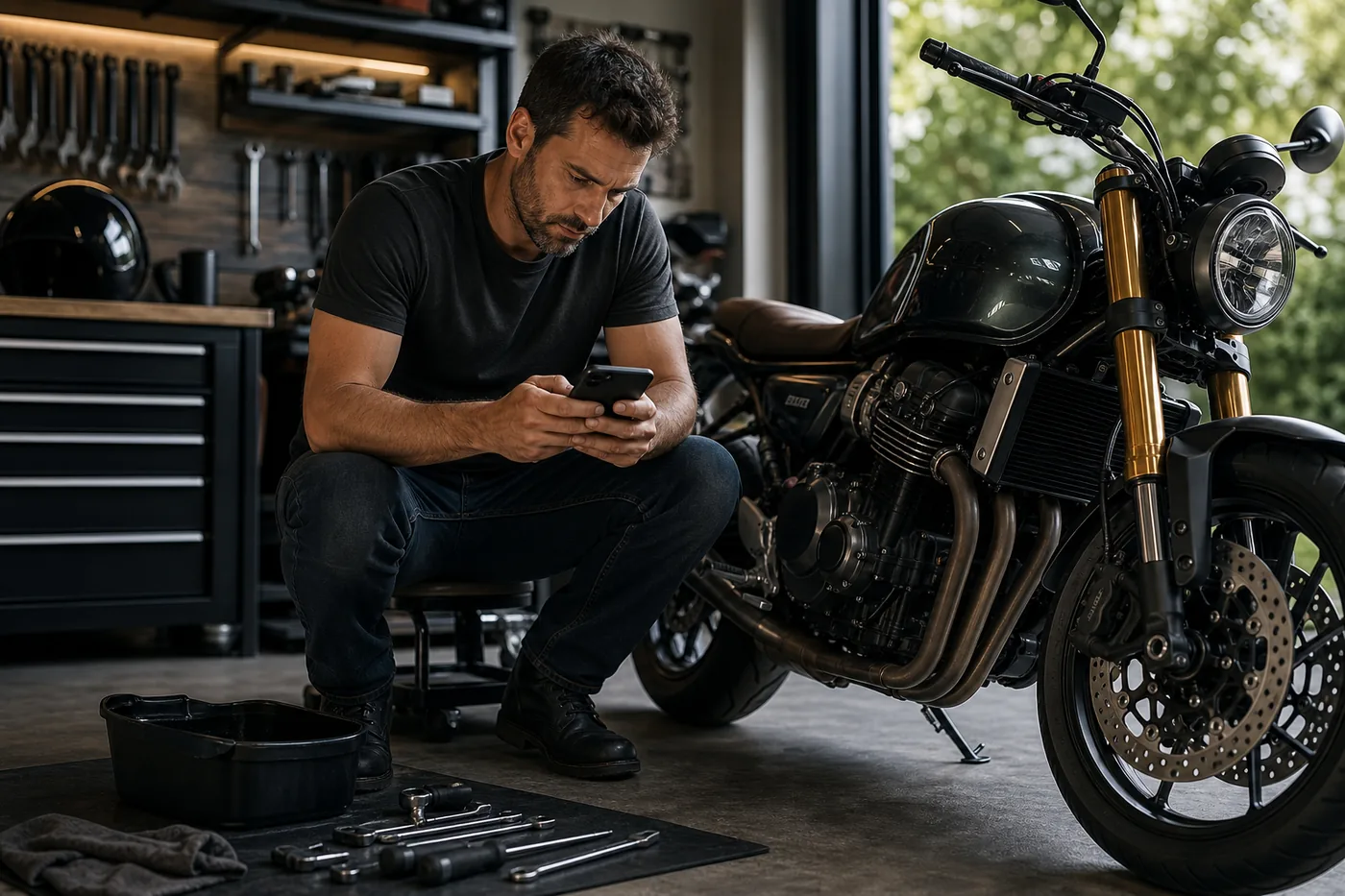 A rider logging a service on his phone next to his bike in the garage