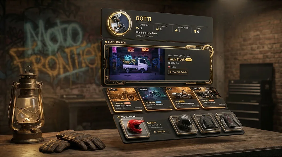 Gotti's rider profile on Moto Frontier with a featured truck and six machines